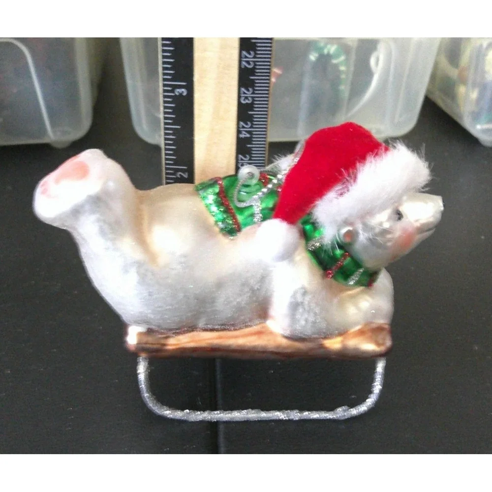 White Polar Bear Green‎ Scarf Sledding Glass Christmas Tree Holiday Ornament